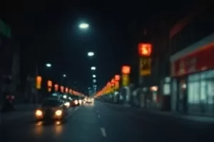 《雨落长街》雨天霓虹长街倒影的横版剧照